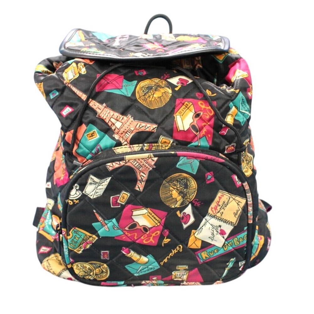 VTG 90'S EXPRESS Black QUILTED NYLON Printed PARIS FRANCE Travel/School BACKPACK